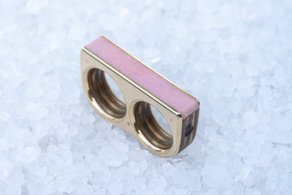 Wooden two finger ring with pink opal top and brass sides