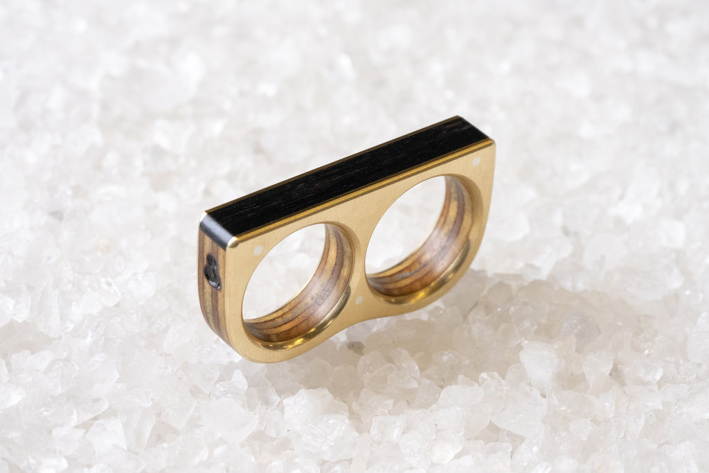 Wooden two finger ring with ebony wood top and brass sides